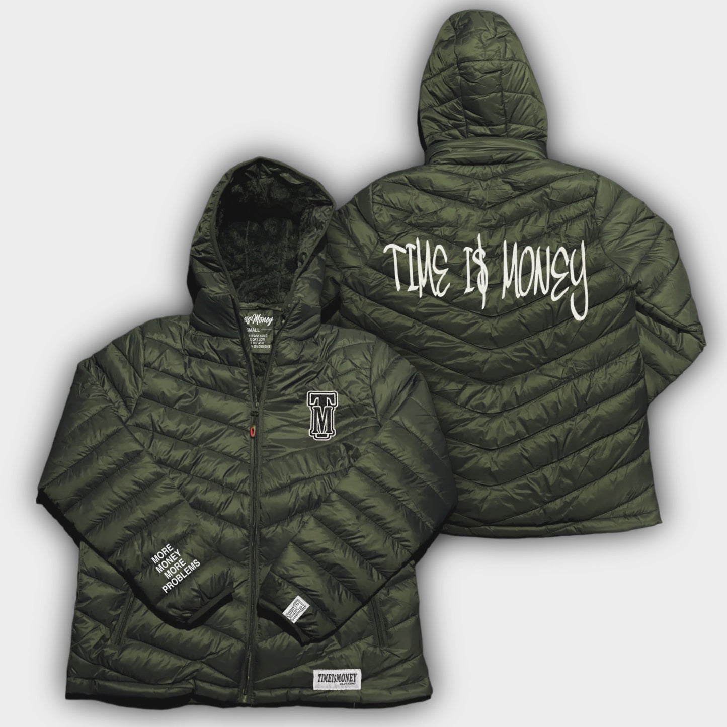 TIMEI$MONEY HEAVYWEIGHT OLIVE GREEN FULLY STITCHED PUFFER JACKETS