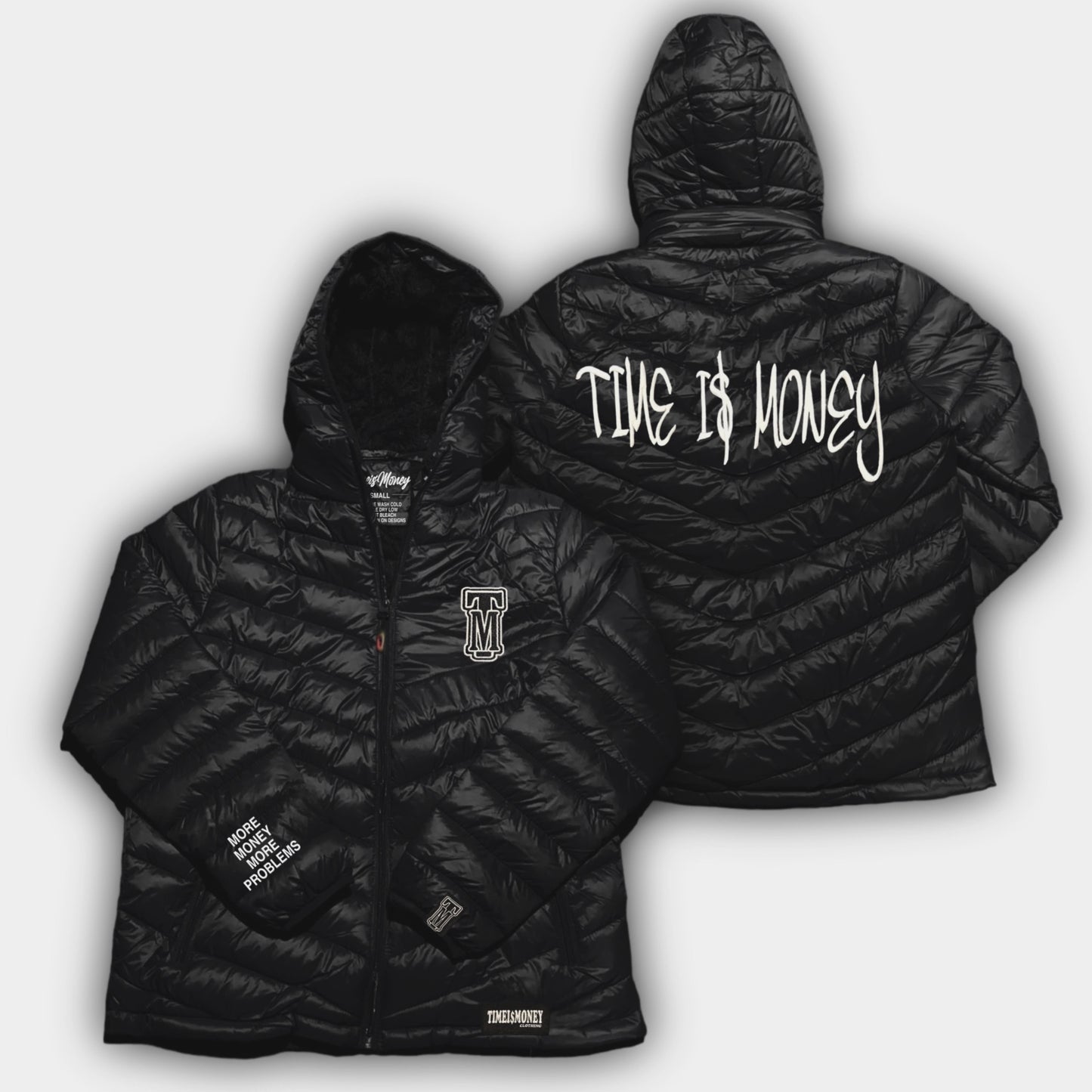TIMEI$MONEY HEAVYWEIGHT BLACK FULLY STITCHED PUFFER JACKETS