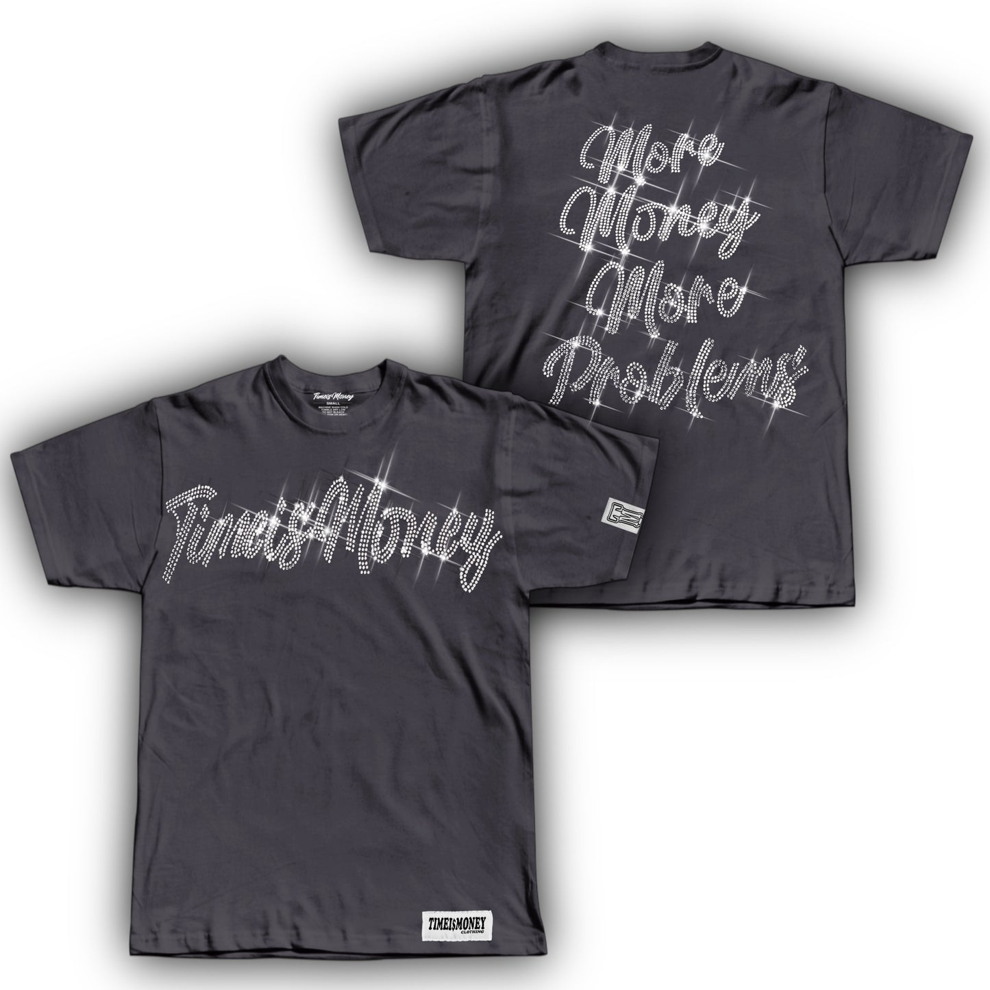 TIMEI$MONEY DARK GREY RHINESTONE SHIRT NOW AVAILABLE